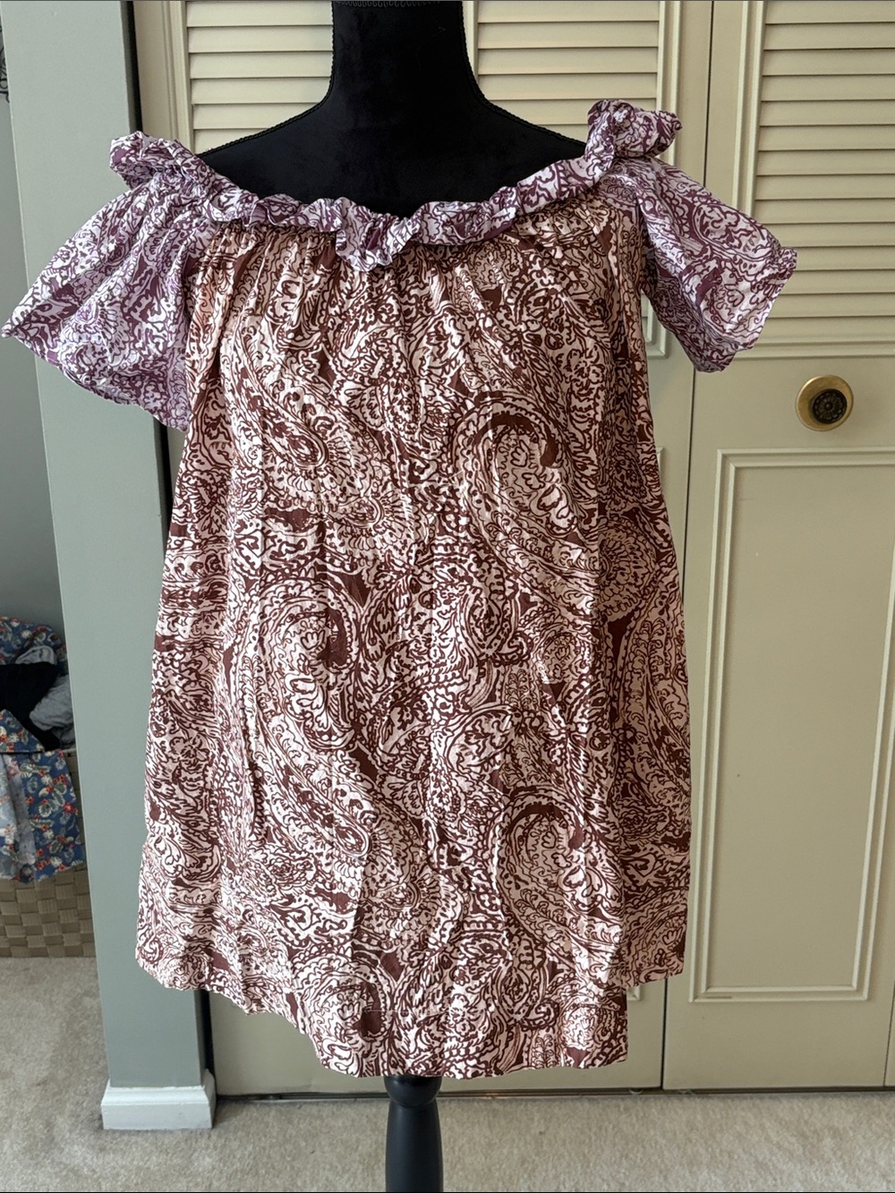 Free People Mauve and White Paisley Off-Shoulder Mini Dress